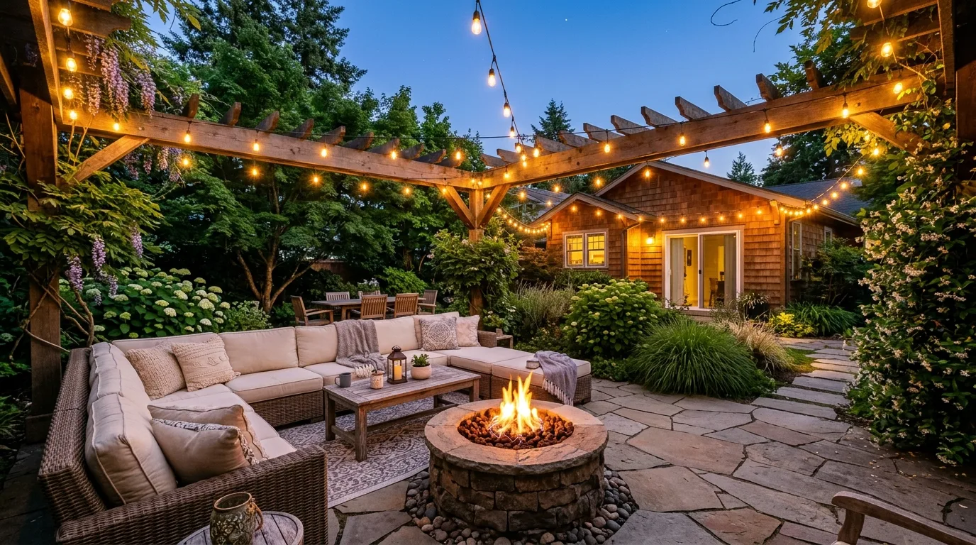 Inviting backyard patio designed as a stunning outdoor living room.